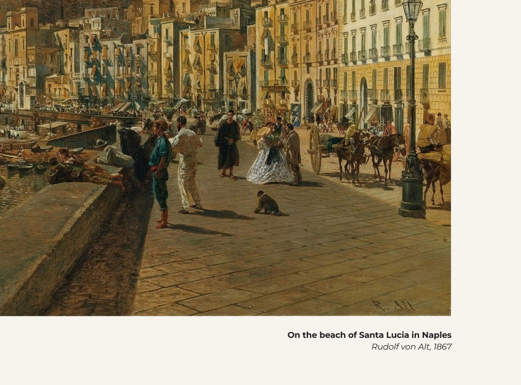 Sur la plage de Santa Lucia à Naples – Rudolf von Alt, avec légende titre et artiste
