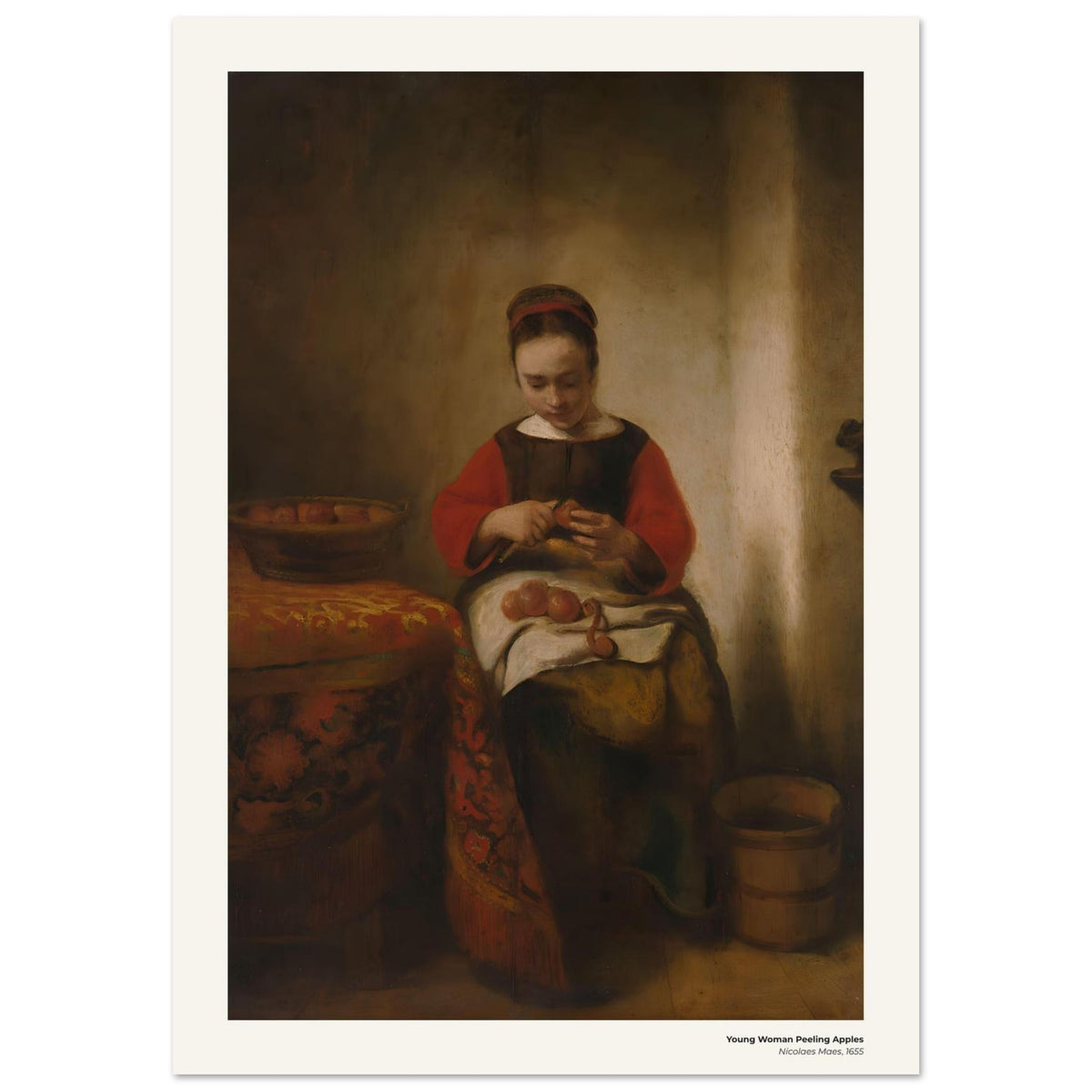 Jeune femme épluchant des pommes – Nicolaes Maes, reproduction d'art