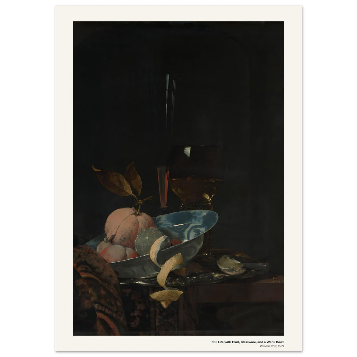 Nature morte aux fruits, à la verrerie et au bol Wanli – Willem Kalf, détail de la reproduction