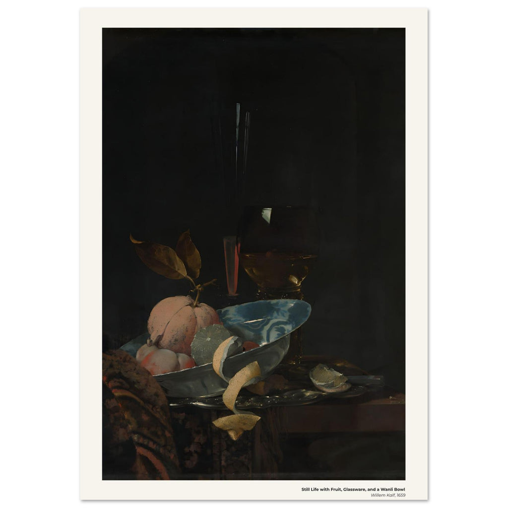 Nature morte aux fruits, à la verrerie et au bol Wanli – Willem Kalf, détail de la reproduction