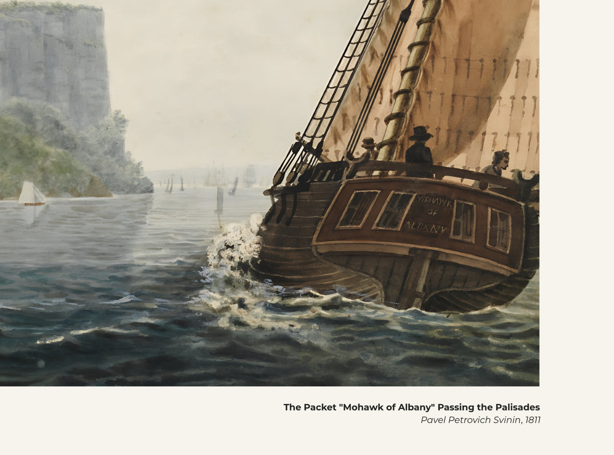 Le paquebot "Mohawk of Albany" passant devant les Palisades – Pavel Svinin, avec légende titre et artiste