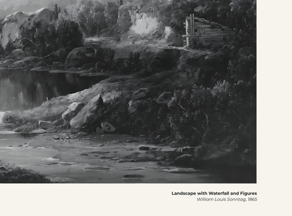Paysage avec cascade et personnages – William Louis Sonntag, avec légende titre et artiste