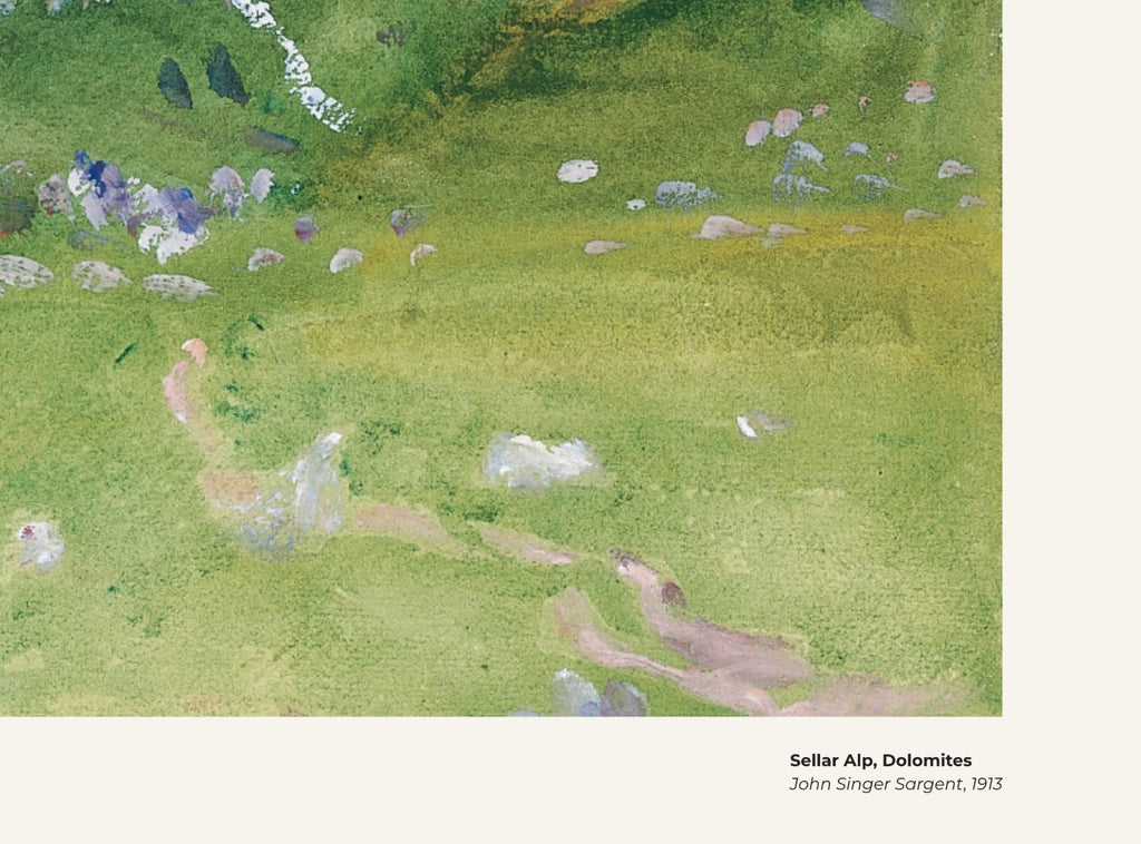 Alpe de Sella, Dolomites – John Singer Sargent, avec légende titre et artiste