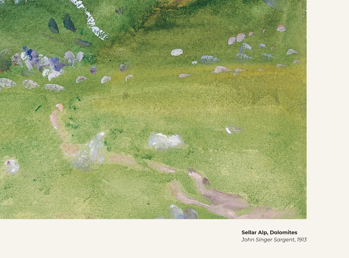 Alpe de Sella, Dolomites – John Singer Sargent, avec légende titre et artiste