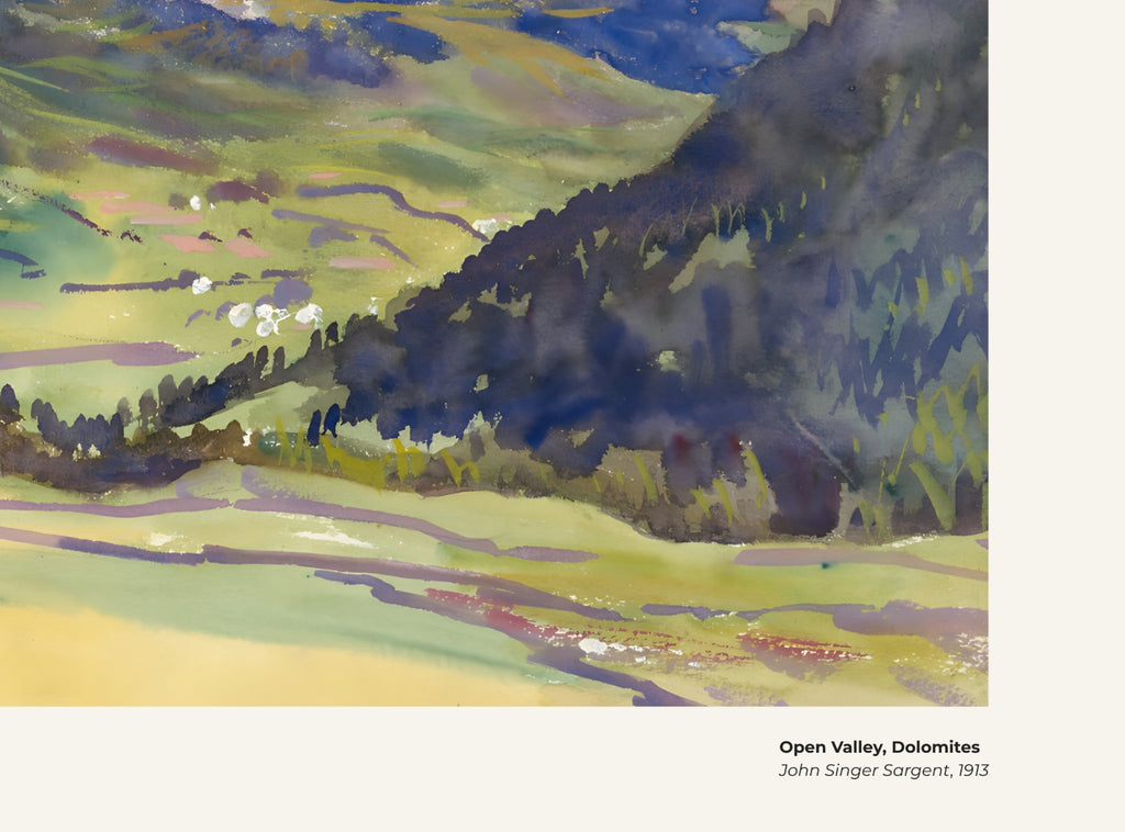 Vallée ouverte, Dolomites – John Singer Sargent, avec légende titre et artiste