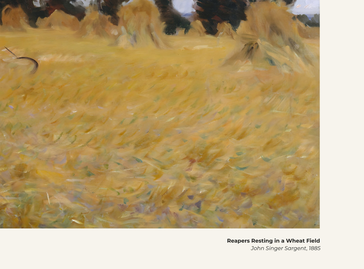 Moissonneurs se reposant dans un champ de blé – John Singer Sargent, avec légende titre et artiste