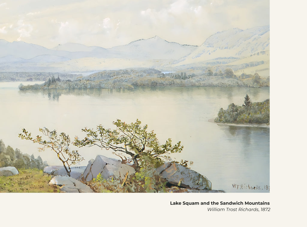 Le lac Squam et les montagnes Sandwich – William Trost Richards, avec légende titre et artiste