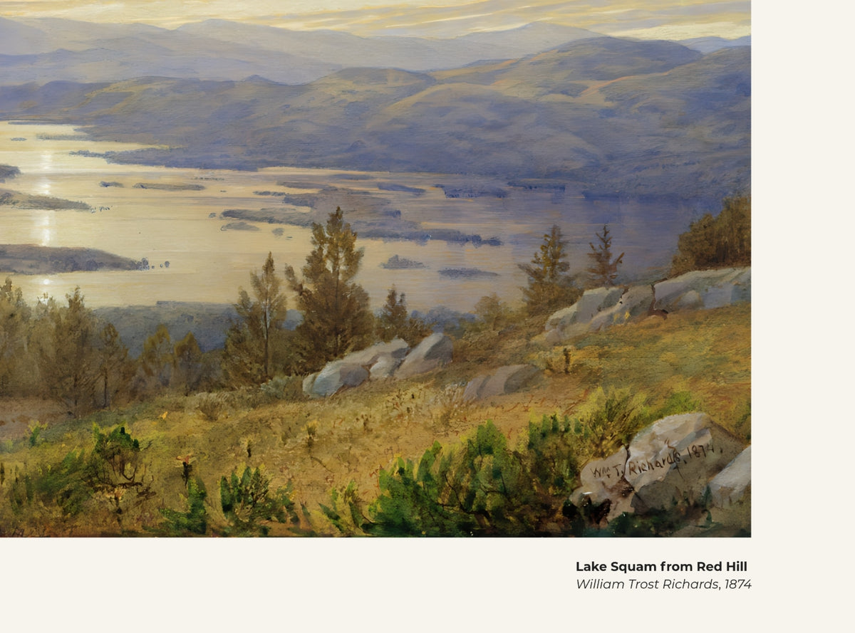 Le lac Squam vu depuis Red Hill – William Trost Richards, avec légende titre et artiste