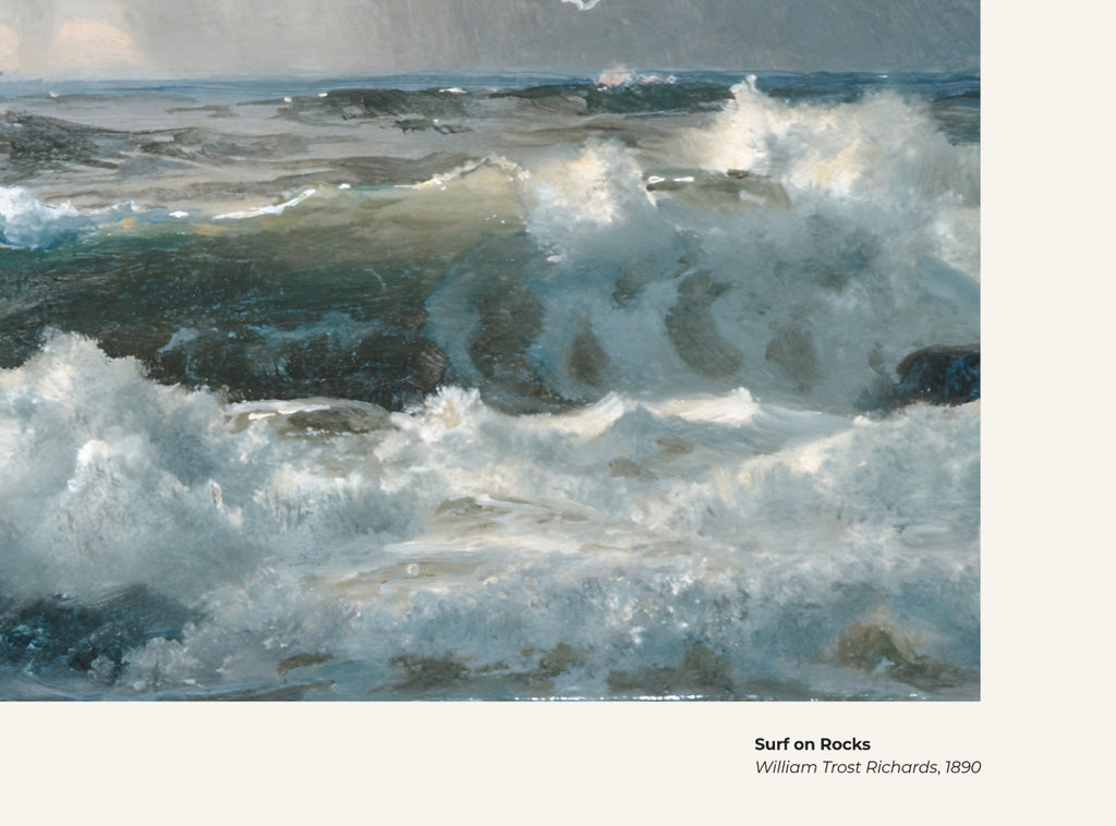 Déferlantes sur les rochers – William Trost Richards, avec légende titre et artiste