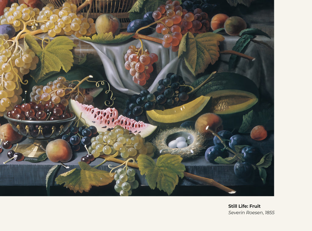 Nature morte : Fruits – Severin Roesen, avec légende titre et artiste