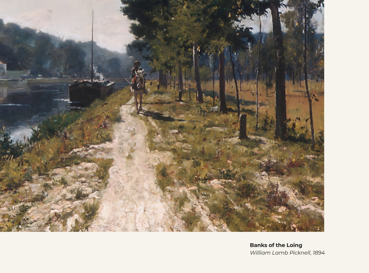 Les bords du Loing – William Lamb Picknell, avec légende titre et artiste