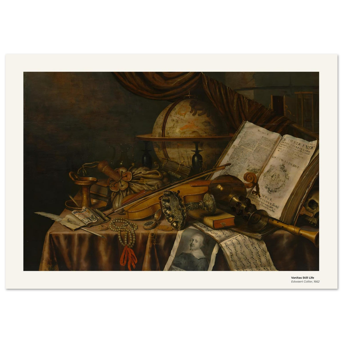 Nature morte de type vanité – Edwaert Collier, détail de la reproduction