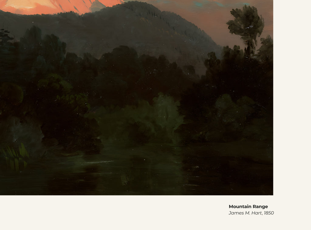 Chaîne de montagnes – James M. Hart, avec légende titre et artiste