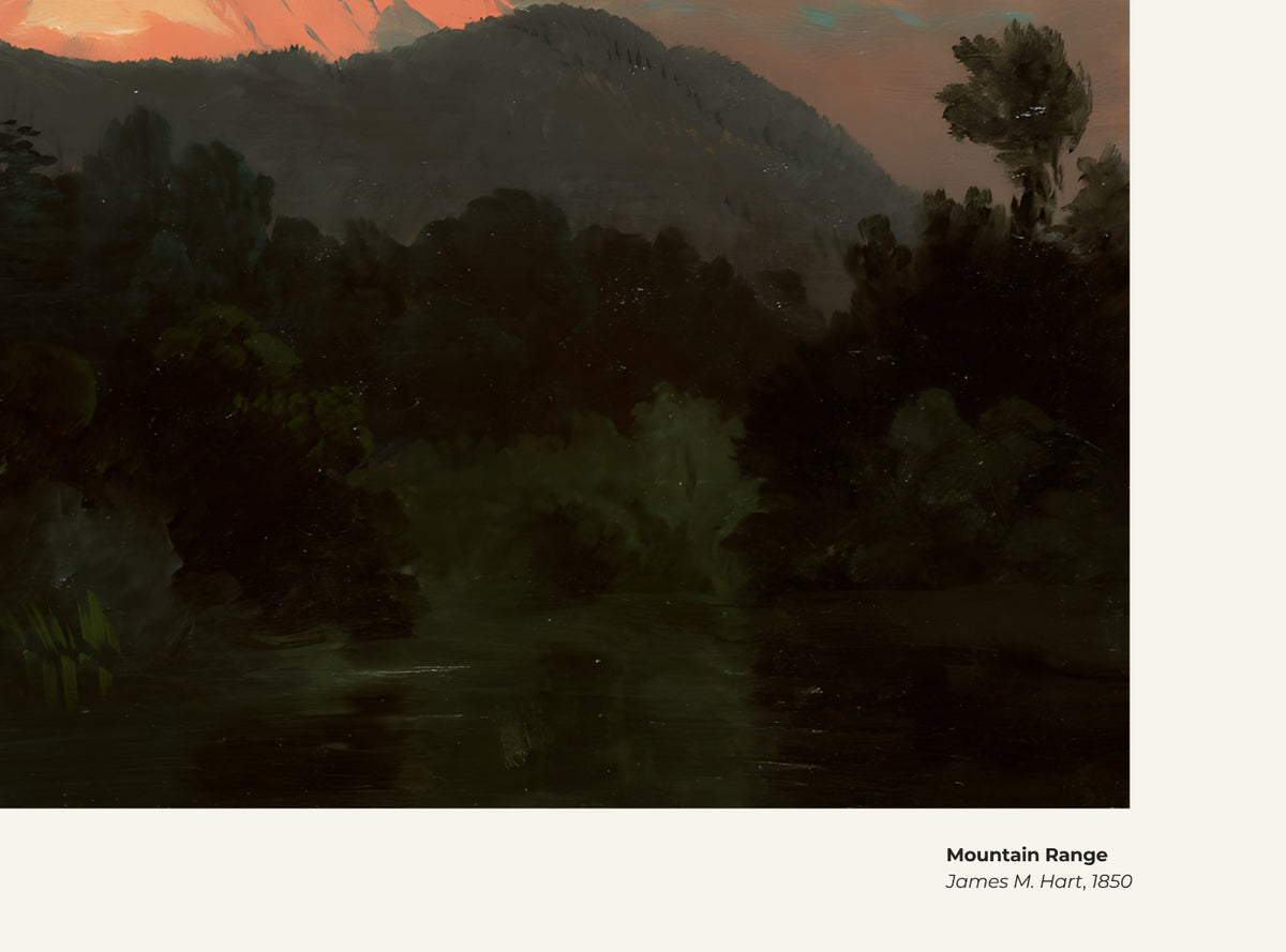 Chaîne de montagnes – James M. Hart, avec légende titre et artiste