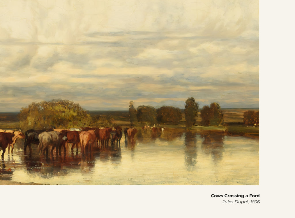 Vaches traversant un gué – Jules Dupré, avec légende titre et artiste