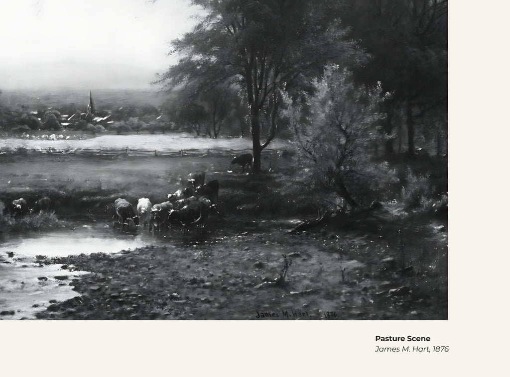 Scène de pâturage – James M. Hart, avec légende titre et artiste