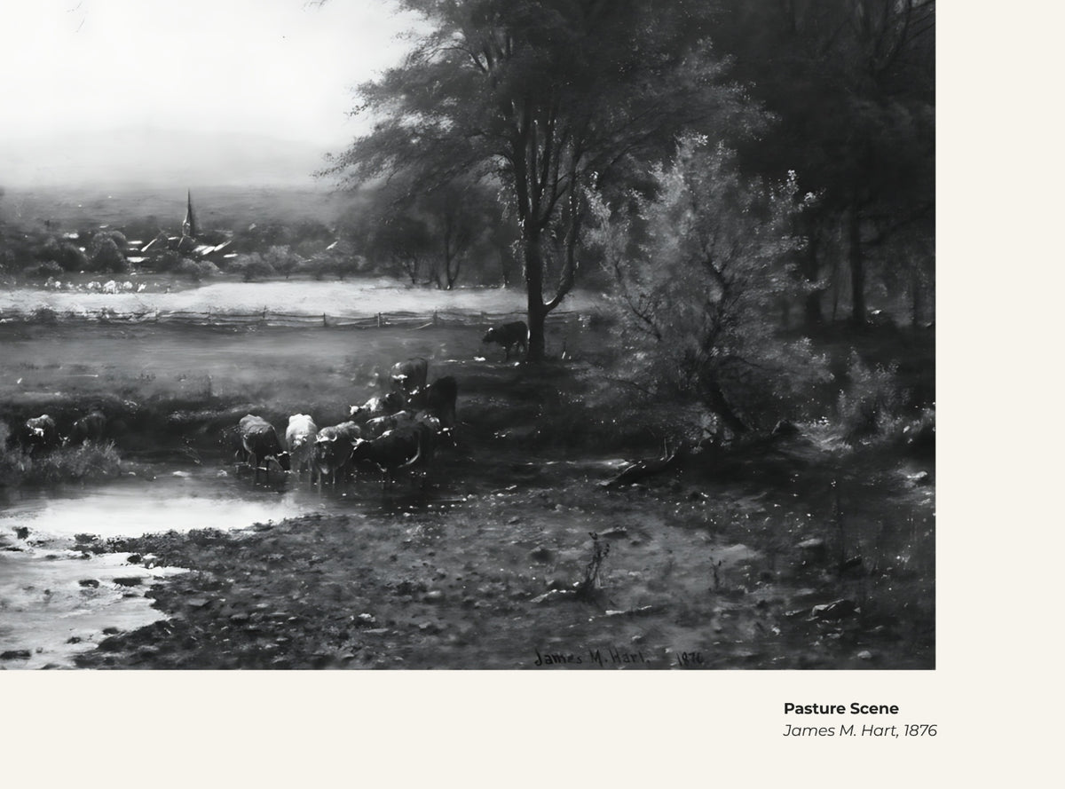 Scène de pâturage – James M. Hart, avec légende titre et artiste