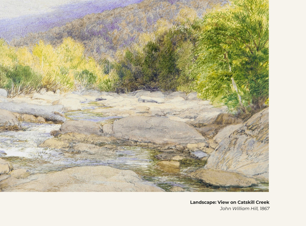 Paysage : Vue sur le Catskill Creek – John William Hill, avec légende titre et artiste