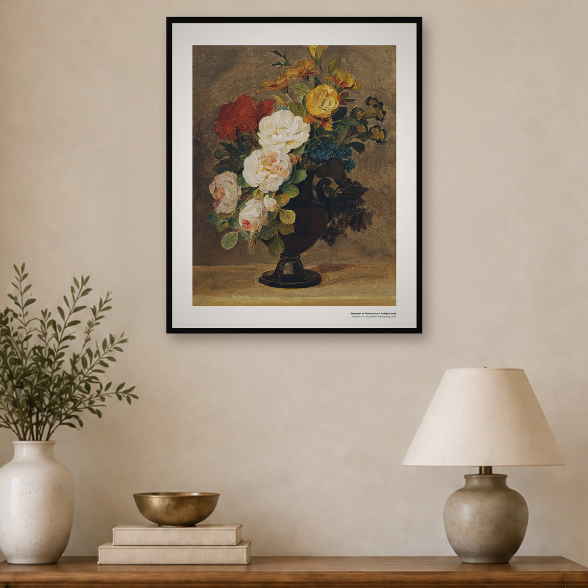 Bouquet de fleurs dans un vase antique – Pauline von Koudelka-Schmerling, aperçu encadré en situation