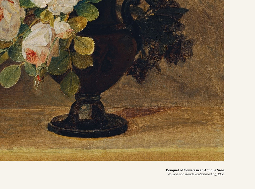 Bouquet de fleurs dans un vase antique – Pauline von Koudelka-Schmerling, avec légende titre et artiste