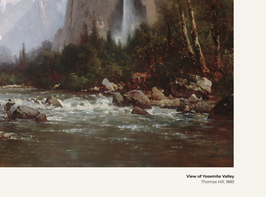 Vue de la vallée de Yosemite – Thomas Hill, avec légende titre et artiste