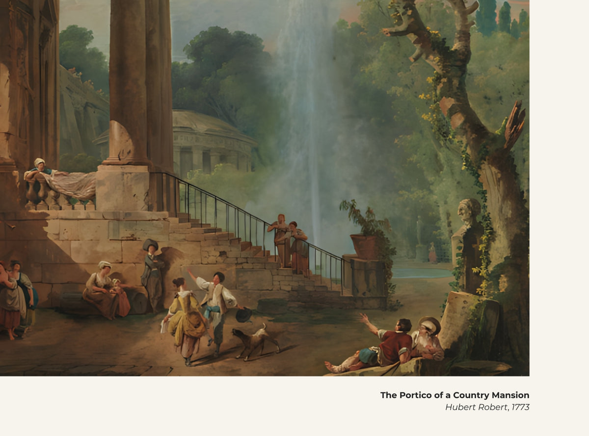 Le portique d'une demeure de campagne – Hubert Robert, avec légende titre et artiste
