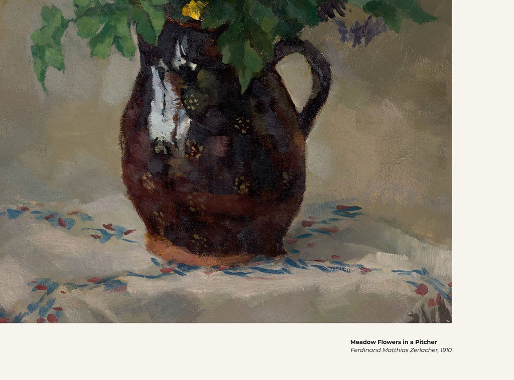 Fleurs des champs dans un pichet – Ferdinand Matthias Zerlacher, avec légende titre et artiste