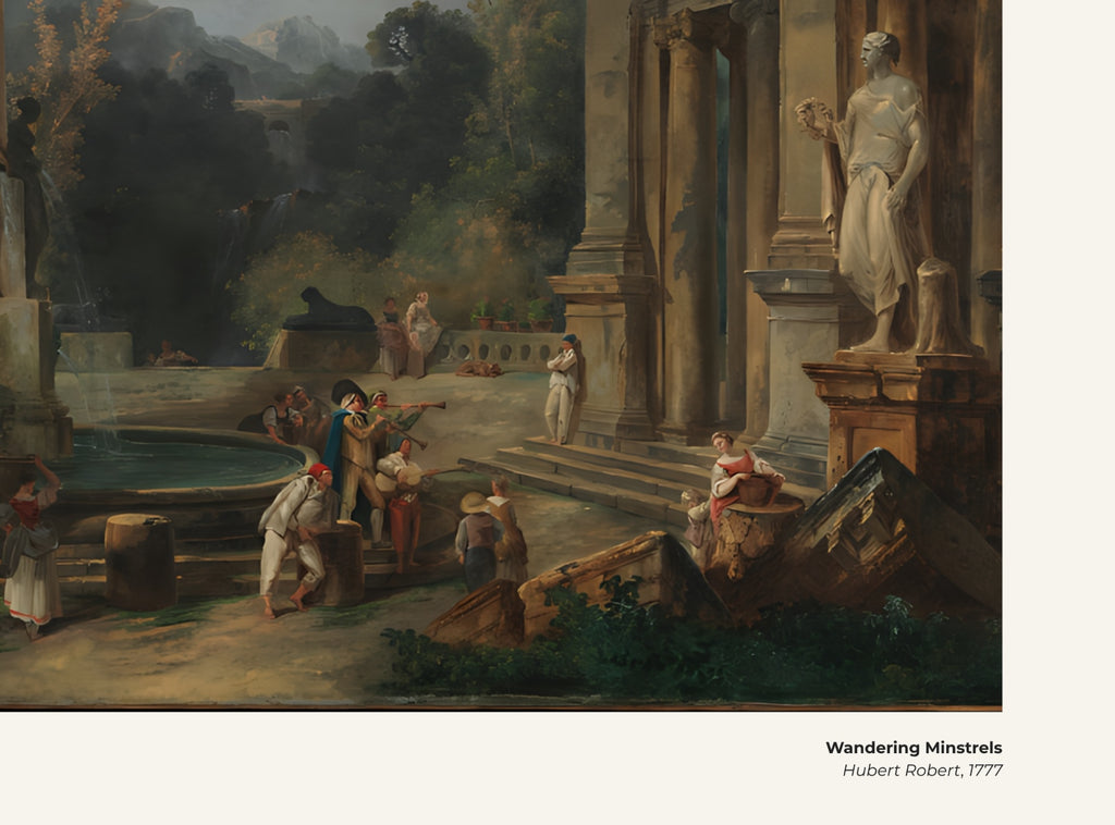 Ménestrels itinérants – Hubert Robert, avec légende titre et artiste