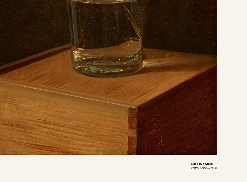 Rose dans un verre – Franz Krüger, avec légende titre et artiste