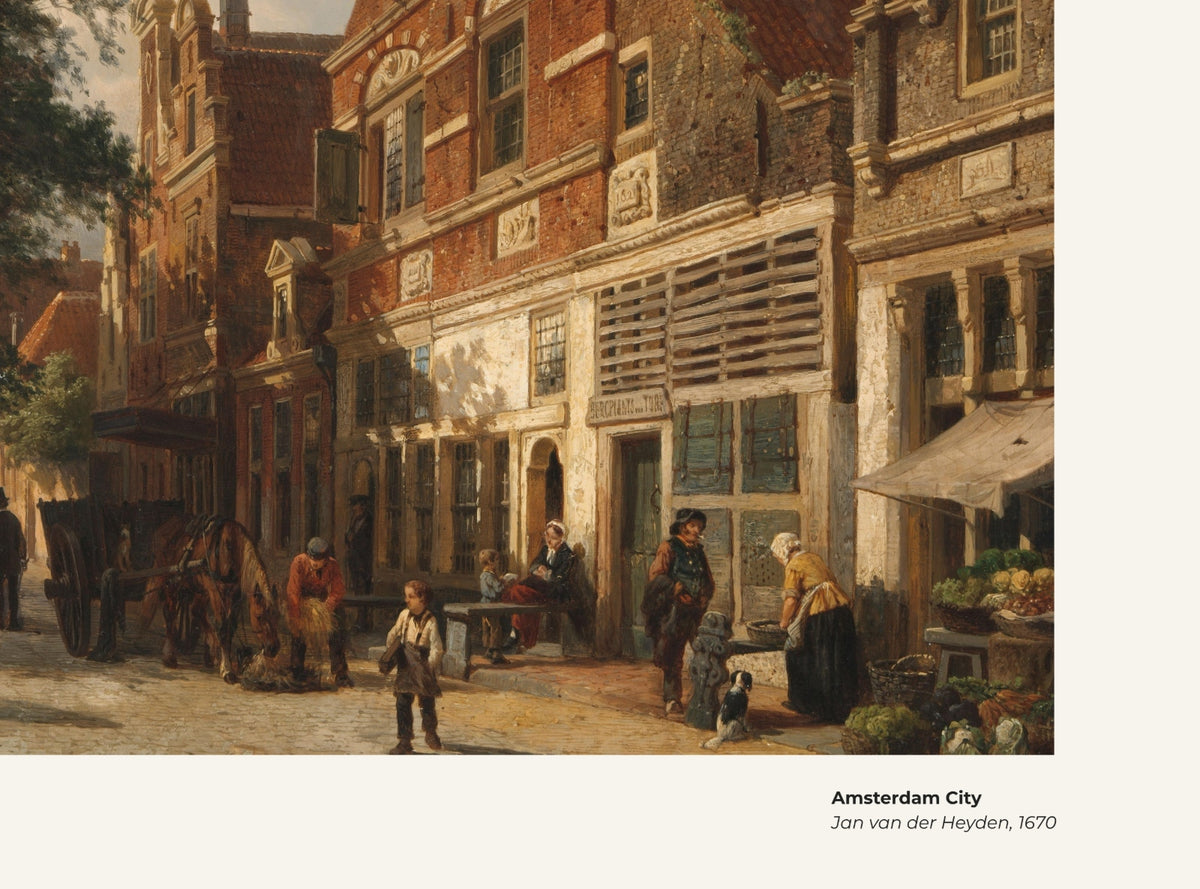 Ville d'Amsterdam – Jan van der Heyden, avec légende titre et artiste