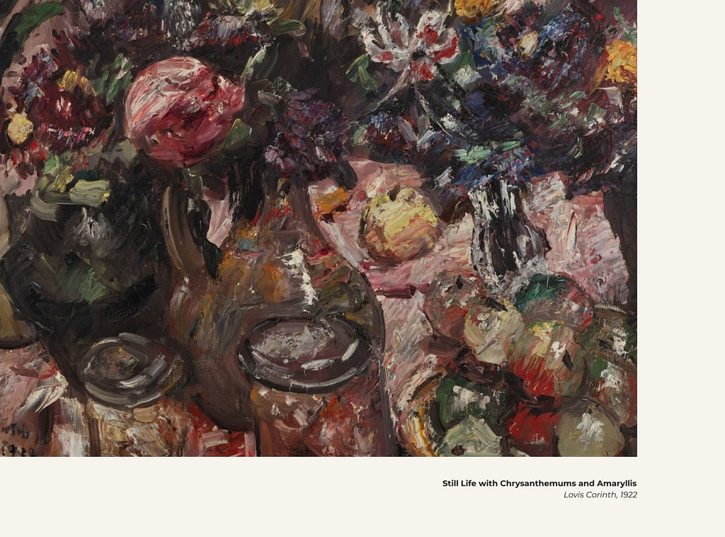 Nature morte aux chrysanthèmes et amaryllis – Lovis Corinth, avec légende titre et artiste