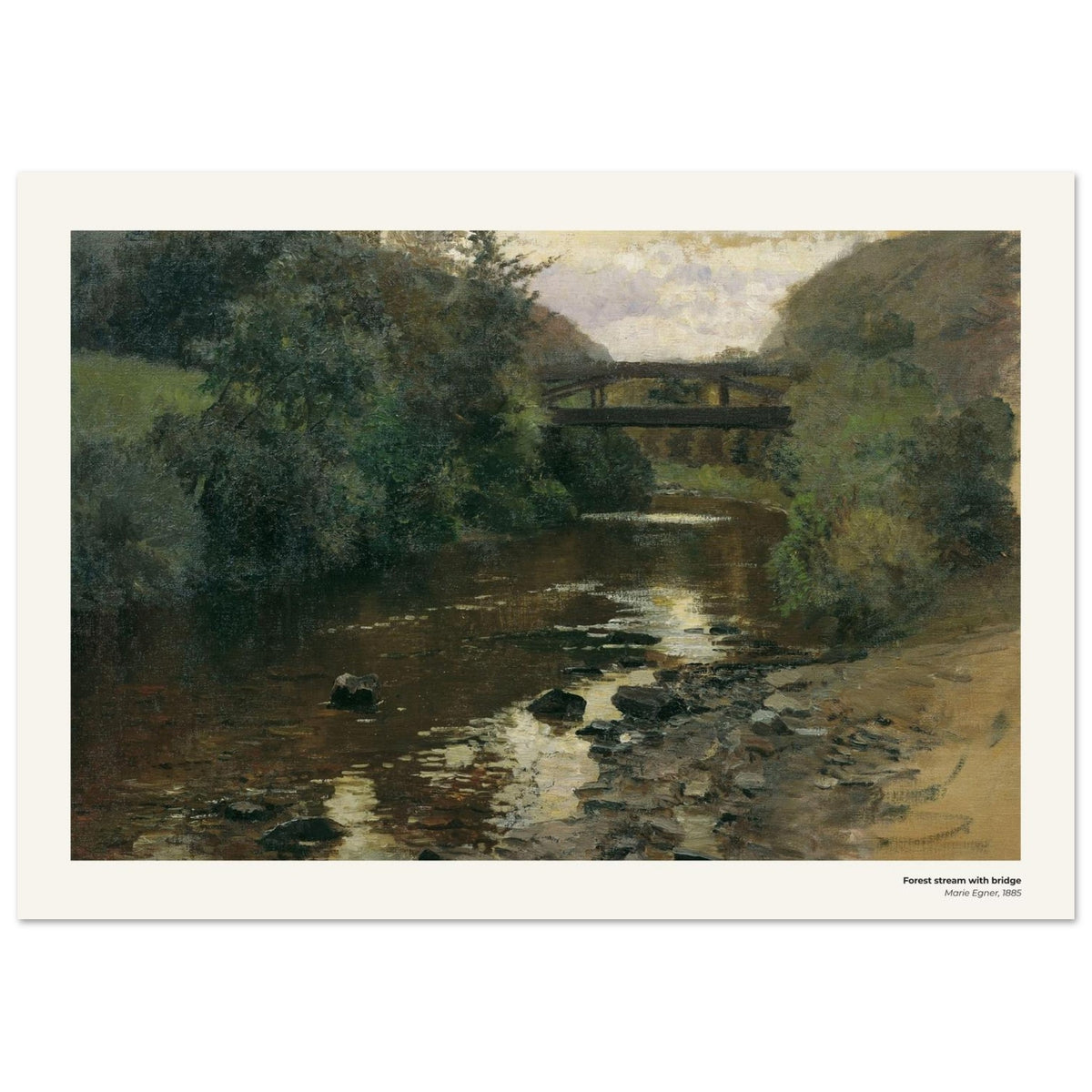 Ruisseau en forêt avec pont – Marie Egner, reproduction d'art