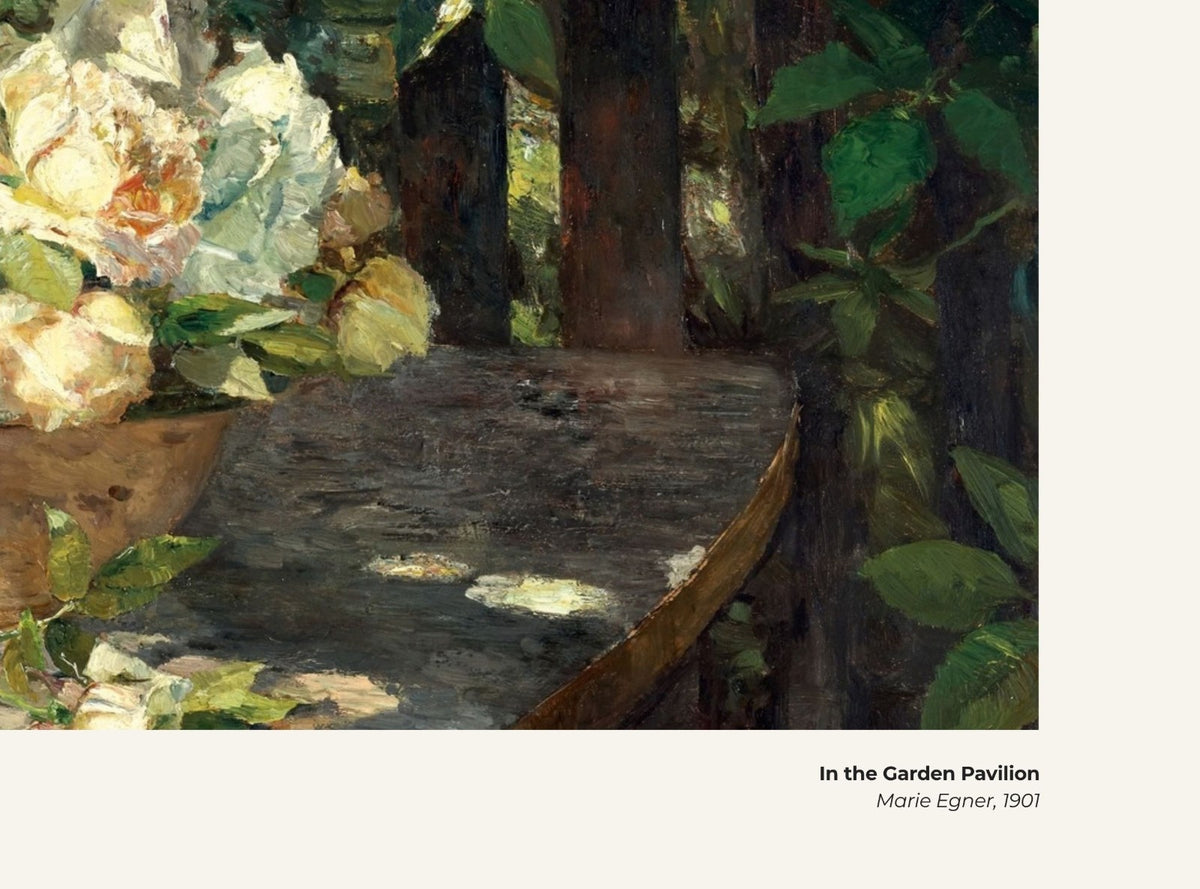 Dans le pavillon de jardin – Marie Egner, avec légende titre et artiste