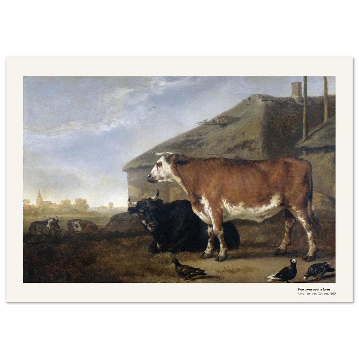 Deux bœufs près d'une ferme – Abraham van Calraet, détail de la reproduction