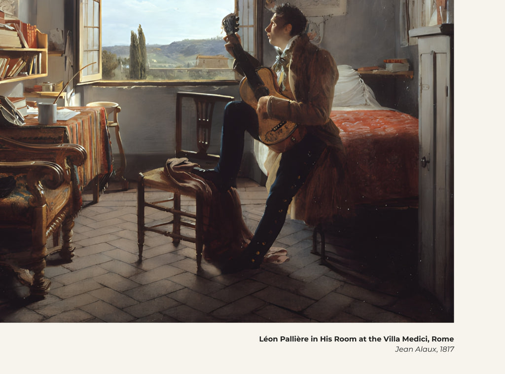 Léon Pallière dans sa chambre à la villa Médicis, à Rome – Jean Alaux, avec légende titre et artiste