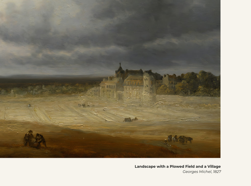 Paysage avec un champ labouré et un village – Georges Michel, avec légende titre et artiste