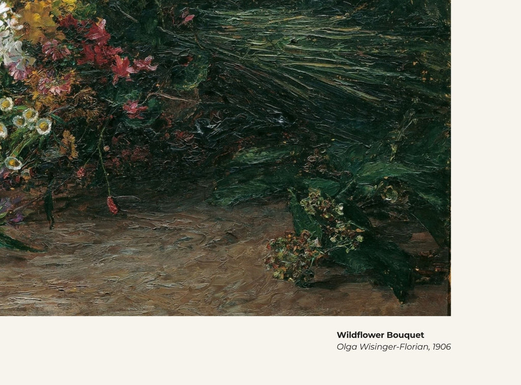 Bouquet de fleurs sauvages – Olga Wisinger-Florian, avec légende titre et artiste
