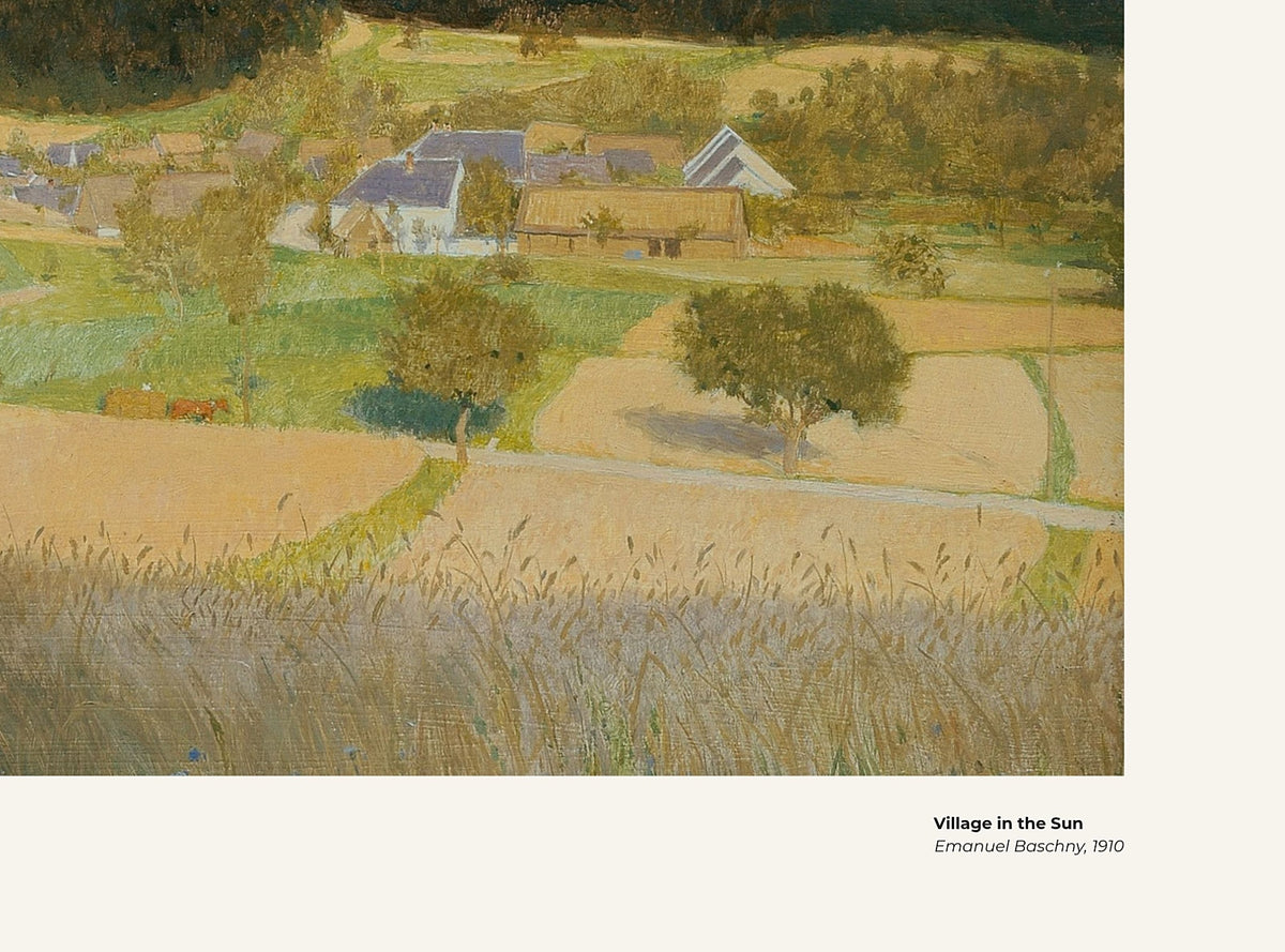Village au soleil – Emanuel Baschny, avec légende titre et artiste