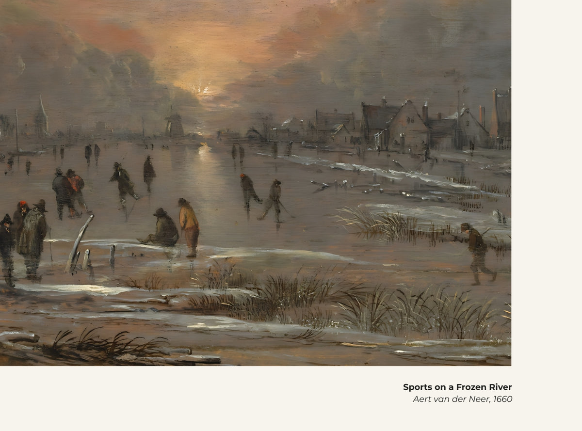 Sports sur une rivière gelée – Aert van der Neer, avec légende titre et artiste