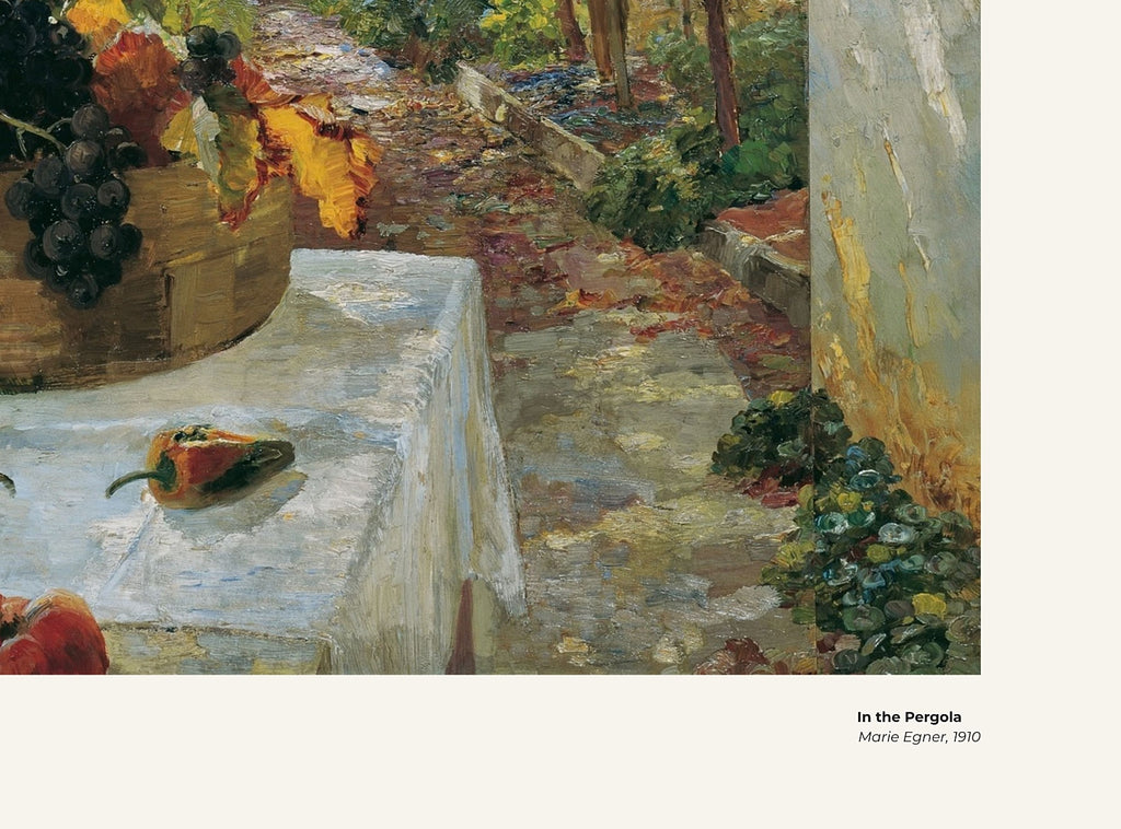 Sous la pergola – Marie Egner, avec légende titre et artiste