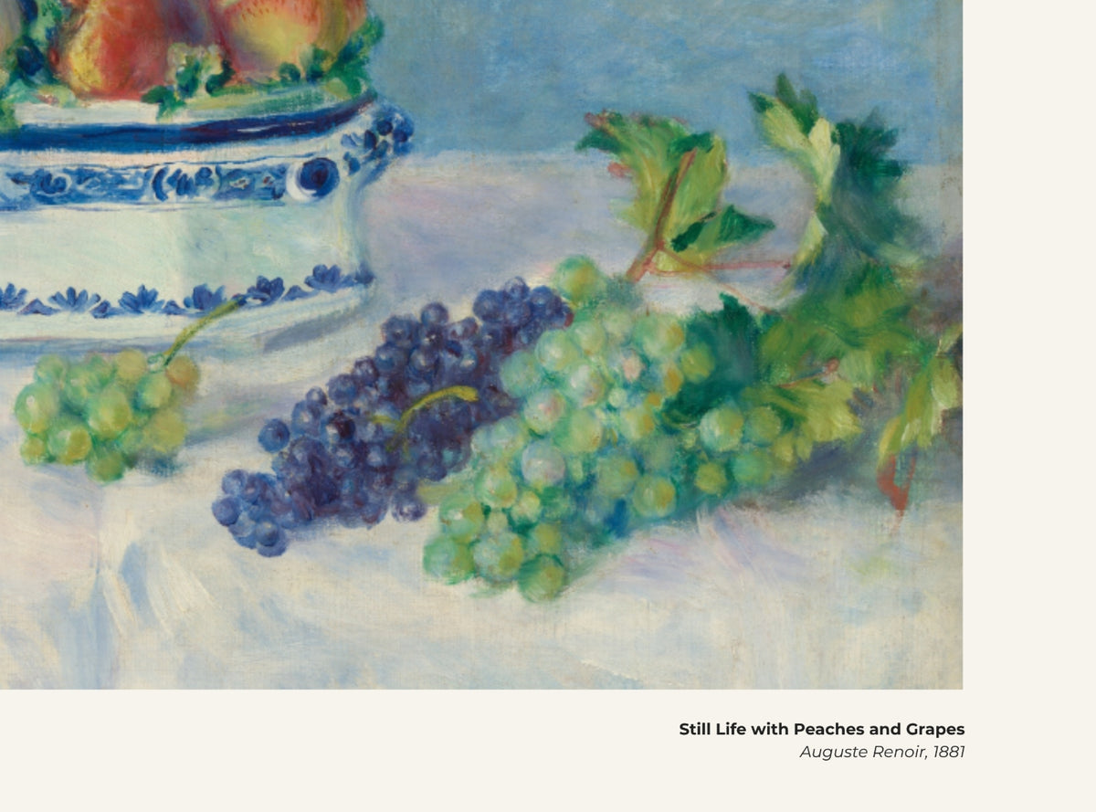 Nature morte aux pêches et aux raisins – Auguste Renoir, avec légende titre et artiste