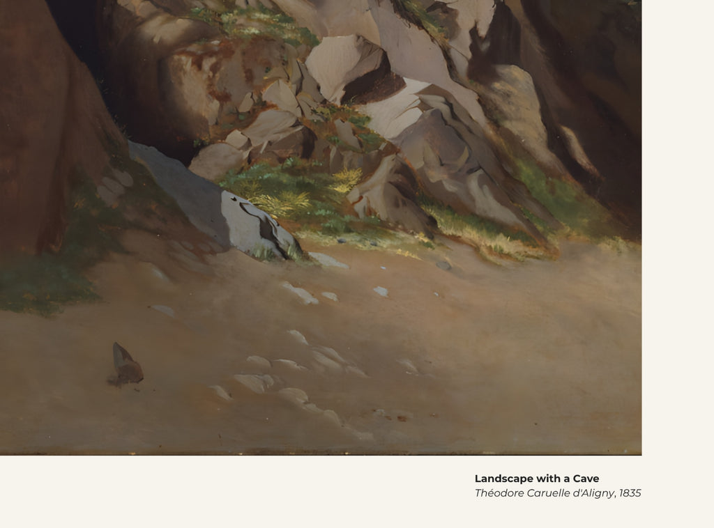 Paysage avec une grotte – Théodore Caruelle d'Aligny, avec légende titre et artiste