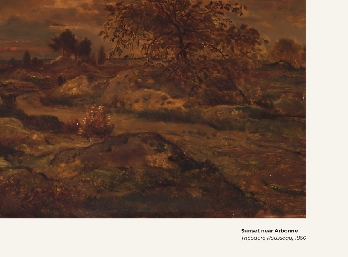 Coucher de soleil près d'Arbonne – Théodore Rousseau, avec légende titre et artiste