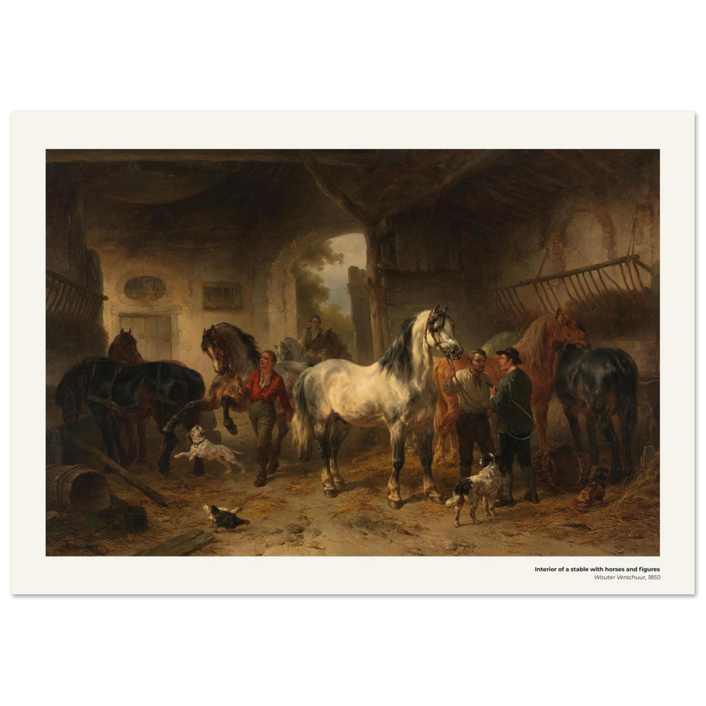 Intérieur d'écurie avec chevaux et personnages – Wouter Verschuur, détail de la reproduction