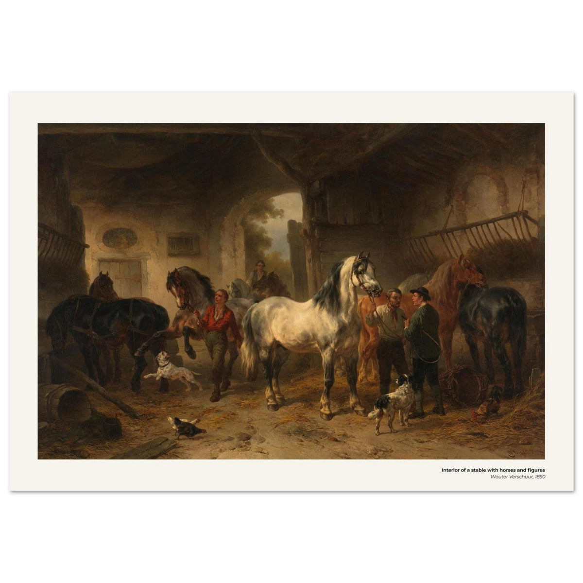 Intérieur d'écurie avec chevaux et personnages – Wouter Verschuur, détail de la reproduction