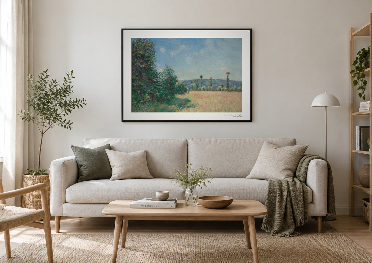 Les prairies de Sahurs sous le soleil du matin – Alfred Sisley, aperçu encadré en situation