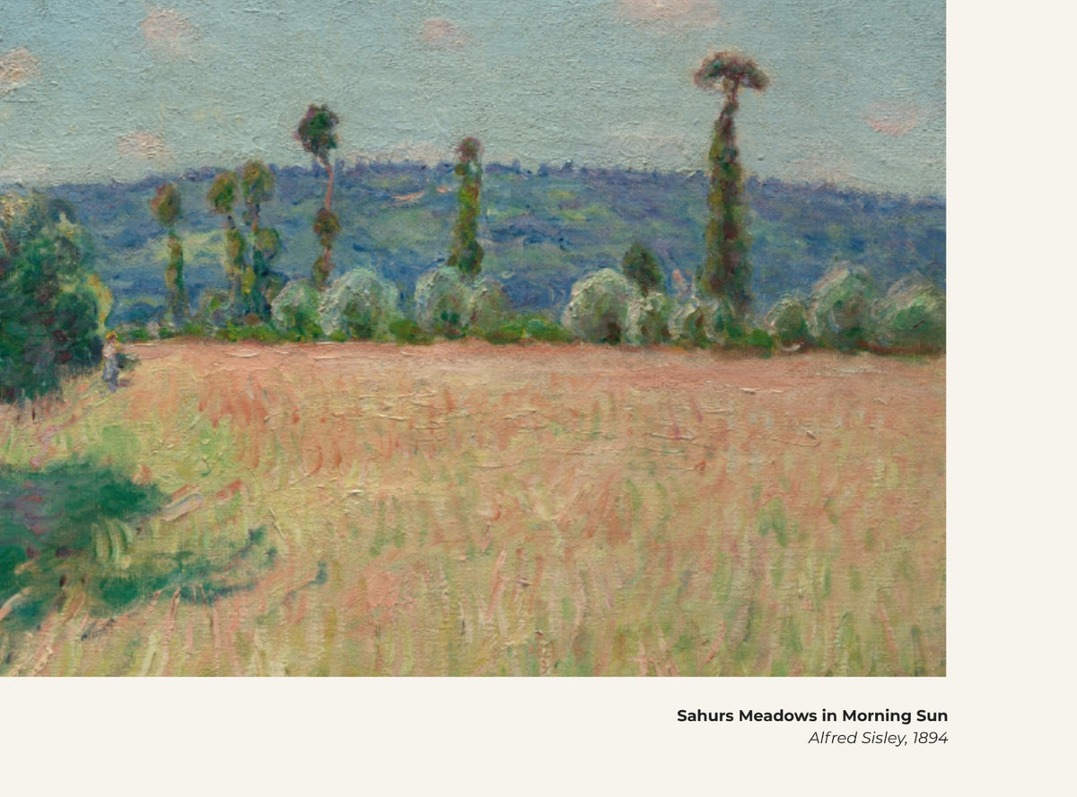 Les prairies de Sahurs sous le soleil du matin – Alfred Sisley, avec légende titre et artiste