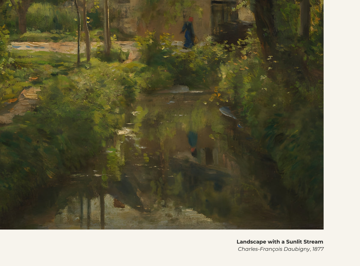 Paysage avec un ruisseau baigné de soleil – Charles-François Daubigny, avec légende titre et artiste