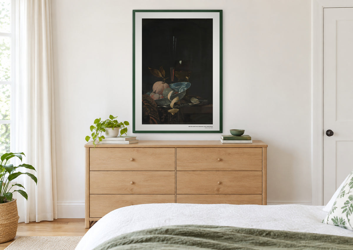 Nature morte aux fruits, à la verrerie et au bol Wanli – Willem Kalf, aperçu encadré en situation