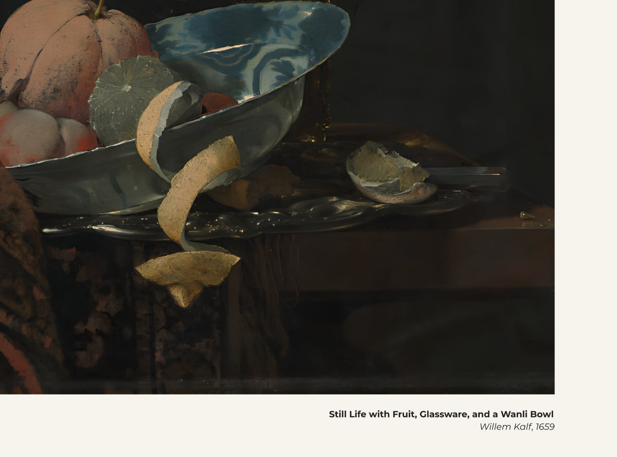 Nature morte aux fruits, à la verrerie et au bol Wanli – Willem Kalf, avec légende titre et artiste